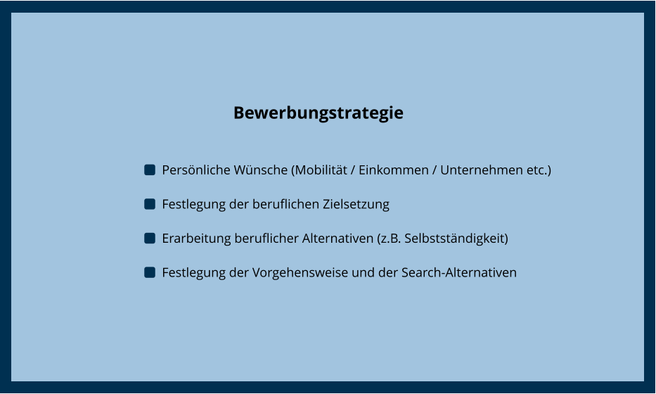 Trennungsbewältigung  	Persönliche Wünsche (Mobilität / Einkommen / Unternehmen etc.) 	Festlegung der beruflichen Zielsetzung 	Erarbeitung beruflicher Alternativen (z.B. Selbstständigkeit) 	Festlegung der Vorgehensweise und der Search-Alternativen  Bewerbungstrategie