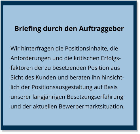 Briefing durch den Auftraggeber Wir hinterfragen die Positionsinhalte, die Anforderungen und die kritischen Erfolgsfaktoren der zu besetzenden Position aus Sicht des Kunden und beraten ihn hinsichtlich der Positionsausgestaltung auf Basis unserer langjährigen Besetzungserfahrung und der aktuellen Bewerbermarktsituation.